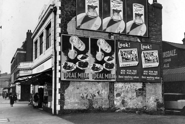 The gable end of Stephenson's shop on Hunslet Road pictured in September 1934 showing advertisements for Ideal Milk, Libby's Evaporated Milk and Compo Washing Powder.
