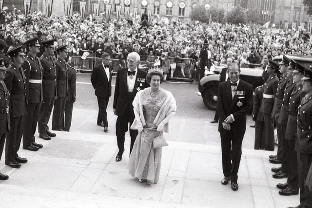 Queen arrives at Leeds Civic Hall during her Silver Jubilee visit in July 1977.