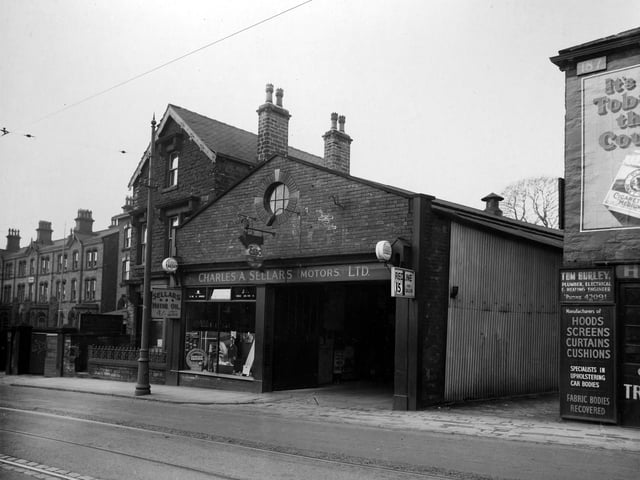 Charles A Sellars Ltd on Harrogate Road in April 1937. On the left William Charles Brooks, upholsterers, can just be seen with Hurley Brothers motor car upholsterers and trimmers on right.