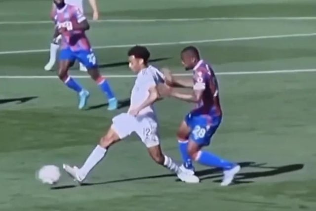 Crystal Palace's Cheikh Doucoure escapes a red card for this tackle on Tyler Adams (Pic: Premier League)