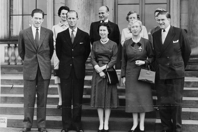She made a two-day visit to Leeds on the occasion of the centenary of Leeds Triennial Musical Festival in October 1958. She poses with members of the house party after  luncheon at Harewood House.