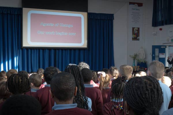Children from St Philips Catholic School take part in the 'It's time to Rethink Food ' assembly