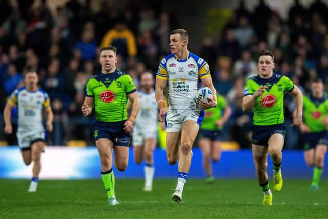 Leeds Rhinos will miss Ash Handley, seen making a break against Warrington, if his rib injury means a long spell on the sidelines. Picture by Bruce Rollinson.
