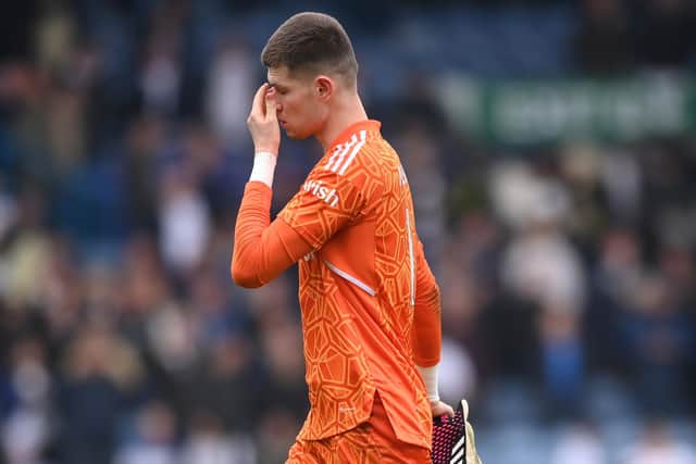 BITTER ENDING: Whites 'keeper Illan Meslier after Leeds United's 5-1 defeat at home to Crystal Palace, the start of a final run of nine games without a win and just two points from a possible 27 which led to relegation. Photo by Stu Forster/Getty Images.