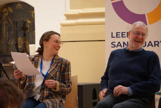 Anna Bland and Sir John Battle enjoy discussion about local community