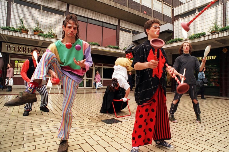 French Clowns juggling as part of the Music, Fire and Masks festival organised by Leeds City Council in June 1996.