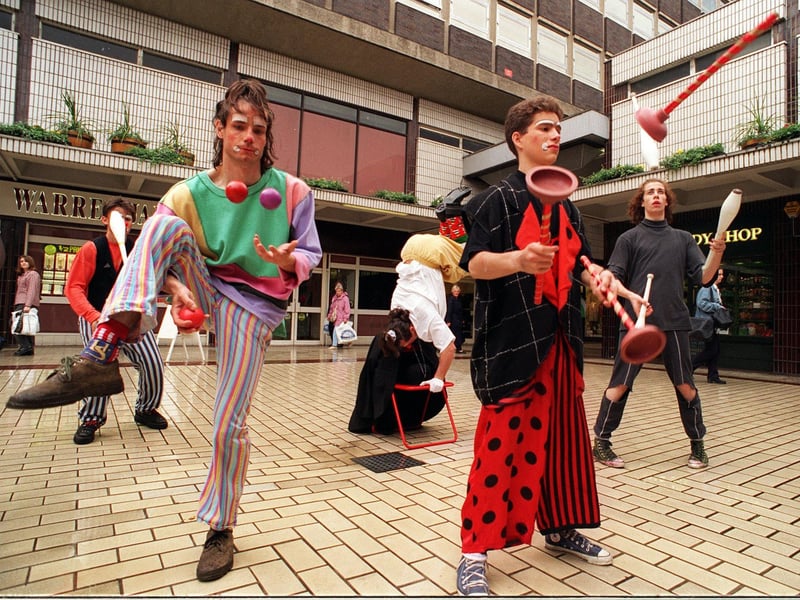 French Clowns juggling as part of the Music, Fire and Masks festival organised by Leeds City Council in June 1996.