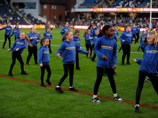 Another view of the Rhinestones dancers' performance on the pitch at before the game at AMT Headingley.