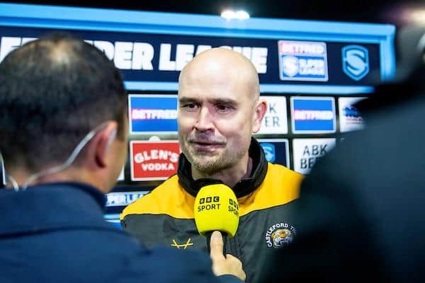 Castleford Tigers coach Craig Lingard is interviewed after his side's loss to Wigan Warriors. Picture by Allan McKenzie/SWpix.com.