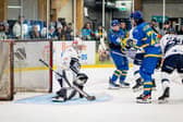 OVER THE LINE: Leeds Knights' Matt Bissonnette (No 73) watches as the puck goes over the line to make it 2-2 against peterborough Phantoms, who went on to win 5-3 at Elland Road Ice Arena on Sunday night. Picture: Ben Gordon/Knights Media.