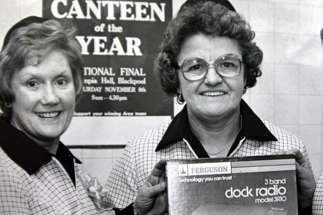 Allerton Bywater Colliery canteen manageress Madge Charlesworth, right, and cook Margaret Owen receiving a prize for being runner-up in the 1981 Canteen of the Year Award.