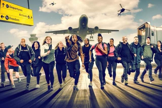 On the run - The 14 contestants from the new series of Channel 4's Hunted including Harrogate business owner Emma and her sister Jenni, pictured together fifth from left. (Picture contributed)