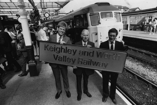 British Rail's area manager Mike Hodson, Ralph Povey and David Wharton-Street are pictured with a new Keithley and Worth Valley nameplate in August 1988.