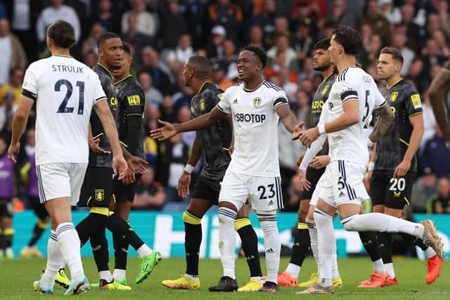 LESSON TO LEARN: For Leeds United winger Luis Sinisterra, centre, pictured after being sent off for a second booking in last weekend's goalless draw against Aston Villa at Elland Road. Photo by NIGEL RODDIS/AFP via Getty Images.