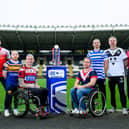 Nathan Collins with other Wheelchair Super League players at the competition's 2026 launch at MKM Stadium, Hull, last weekend: left-right Chris Haines (Sheffield), Nathan Collins (Leeds), Toby Burton-Carter (Wigan), Mason Billington (London Roosters), Jack Brown (Halifax), Steve Sampher (Hull FC) and Kieron Johnson (Bradford). Picture by Allan McKenzie/SWpix.com