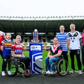 Nathan Collins with other Wheelchair Super League players at the competition's 2026 launch at MKM Stadium, Hull, last weekend: left-right Chris Haines (Sheffield), Nathan Collins (Leeds), Toby Burton-Carter (Wigan), Mason Billington (London Roosters), Jack Brown (Halifax), Steve Sampher (Hull FC) and Kieron Johnson (Bradford). Picture by Allan McKenzie/SWpix.com