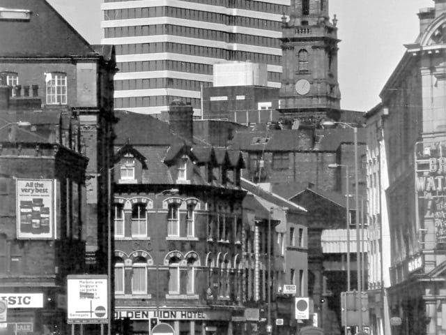 Hunslet Road towards Bridge End and Lower Briggate in May 1982. The tall building on the left is the rear of the former Leeds City Transport offices now the Malmaison Hotel. Also on the left there is a glimpse of Leeds Bridge and behind it the business of Alpha Music at Bridge End.