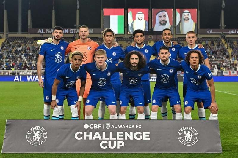 Chelsea's starting eleven pose for a group photo before the start of the CBF al-Wahda Challenge Cup exhibition football match between Aston Villa and Chelsea at al-Nahyan Stadium in Abu Dhabi on December 11, 2022. (Photo by Ryan LIM / AFP) (Photo by RYAN LIM/AFP via Getty Images)