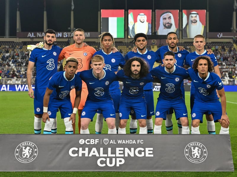 Chelsea's starting eleven pose for a group photo before the start of the CBF al-Wahda Challenge Cup exhibition football match between Aston Villa and Chelsea at al-Nahyan Stadium in Abu Dhabi on December 11, 2022. (Photo by Ryan LIM / AFP) (Photo by RYAN LIM/AFP via Getty Images)