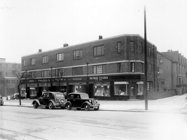 Parade of shops between Savile Road and Savile Place in March 1939. To left, corner of Forum cinema, Muriel Davis sweets number, Jack Freeman chemist number, Isaac Hyman hairdresser, Charles Statman, fruit and Ann Leader ladies wear.
