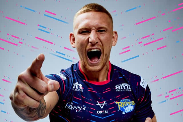 Mikolaj Oledzki in a promotional picture for Rhinos' 2024 away jersey. Picture by Leeds Rhinos.