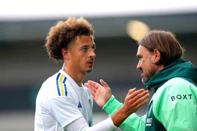 PENULTIMATE FRIENDLY: For Leeds United, Ethan Ampadu, centre, and boss Daniel Farke, right. Photo by Tim Goode/PA Wire.