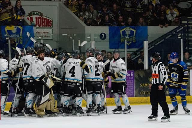 NOT TO BE: MiltonmKeynes' players celebrate their overtime win over Leeds Knights in the NIHL National play-off semi-final. Picture: NIHL National/Blueline Photography