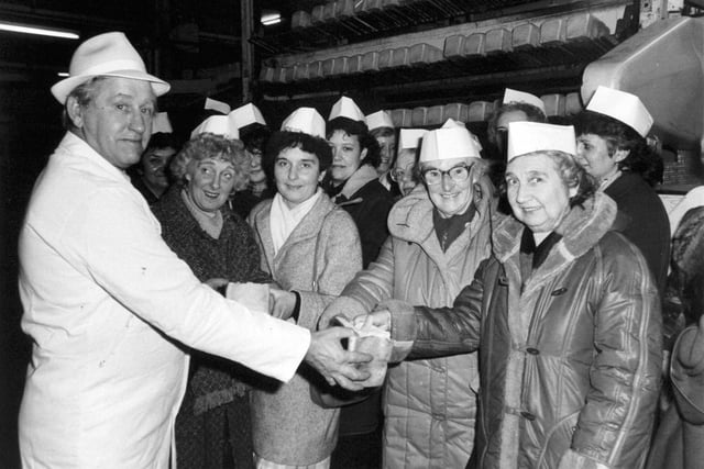 January 1985 and a  party of Women's Circle members are pictured during their visit to the Mother's Pride Bakery on Owl Lane. Their tour guide was Dennis Addinall, district area manager, her showing the ladies, front, from left, Sheila Hall, Christine Hedley, Mary West and Joyce Roper some of the company products.
