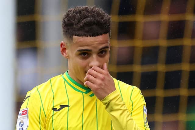 NORWICH, ENGLAND - APRIL 01: Max Aarons of Norwich City reacts during the Sky Bet Championship match between Norwich City and Sheffield United at Carrow Road on April 01, 2023 in Norwich, England. (Photo by Stephen Pond/Getty Images)