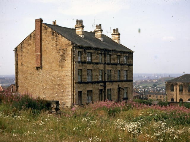 Victoria Place, Back Green, seen from the site of the former Point Hall in July 1968. Victoria Place was originally a rag warehouse before it was converted into six dwellings. Back Green Methodist Chapel is just below the building at the right edge. Victoria Place is now demolished.