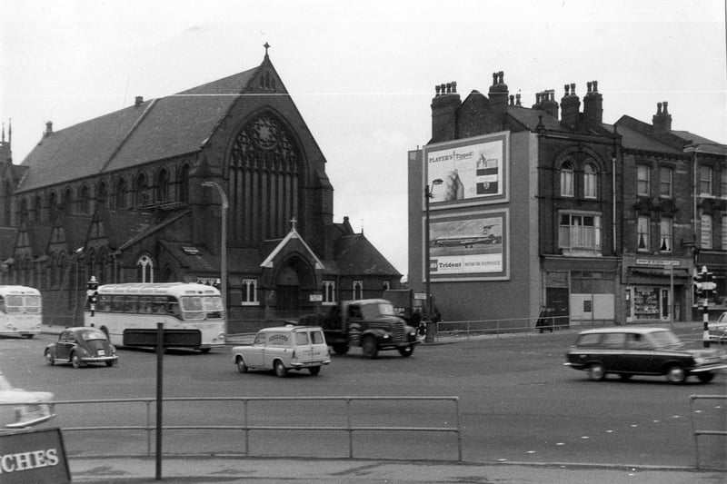 St. Patrick's Roman Catholic Church standing at Woodpecker Junction. The coaches are in New York Road, the properties to the right are in Burmantofts Street, Marsh Lane goes off from the bottom left-hand corner and York Road is the junction at the right edge. The Woodpecker pub, after which the junction is named, is off camera, bottom edge.