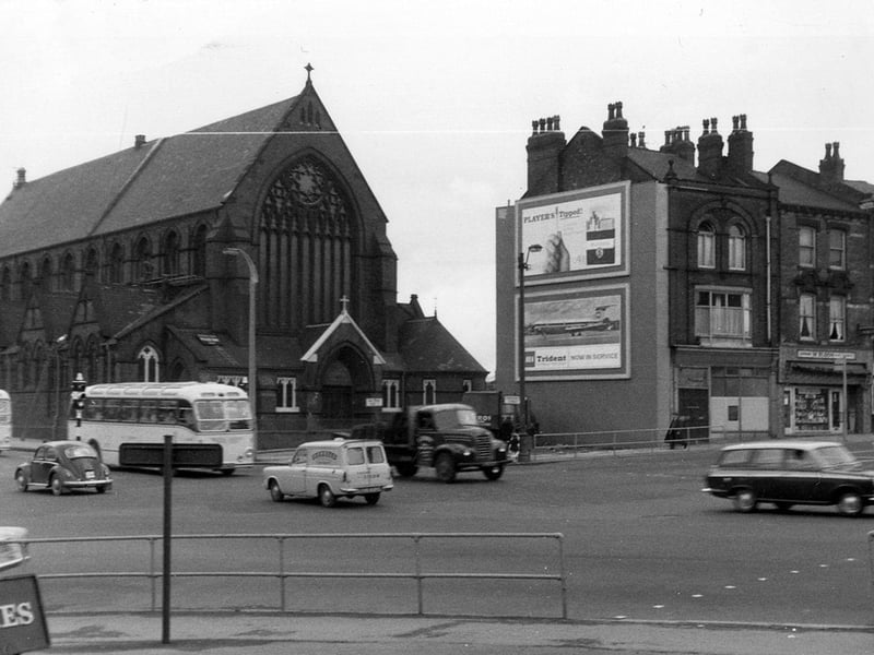 St. Patrick's Roman Catholic Church standing at Woodpecker Junction. The coaches are in New York Road, the properties to the right are in Burmantofts Street, Marsh Lane goes off from the bottom left-hand corner and York Road is the junction at the right edge. The Woodpecker pub, after which the junction is named, is off camera, bottom edge.
