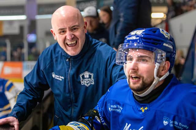 HAPPY ENDING: Leeds Knights coach Ryan Aldridge celebrates Saturday's semi-final win against Sheffield Steeldogs with forward Owen Sobchak. Picture: Miles Tidman/Knights Media.