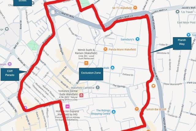 The  exclusion zone in Wakefield city centre where Daniel Flavell is banned from entering