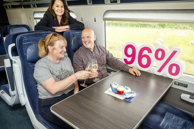 Lou Mendham, Hull Trains Service Delivery Director with customers Jannine Hewitt & Andy Hewitt