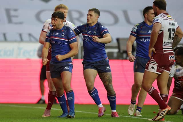 Wakefield Trinity's Jack Sinfield celebrates scoring a tryPicture by John Clifton/SWpix.com - 26/09/2026 - Rugby League - Betfred Super League Semi Final - Wigan Warriors v Wakefield Trinity - The Brick Community Stadium, Wigan, England -