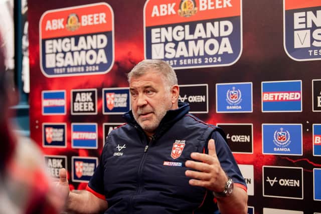 England coach Shaun Wane chats to the media at AMT Headingley to preview Saturday's Test against Samoa. Picture by Allan McKenzie/SWpix.com.