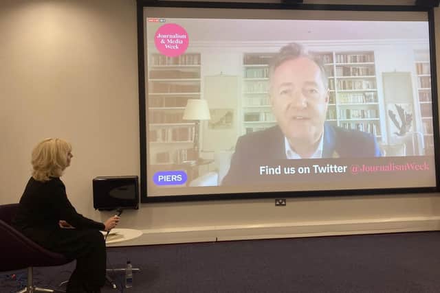 Piers Morgan spoke with Leeds Trinity's journalism course leader Leigh Purves. Photo: Leeds Beckett University