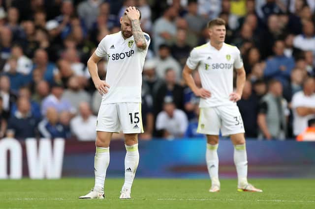 LEEDS, ENGLAND - SEPTEMBER 25: Stuart Dallas of Leeds United looks dejected after their side concedes a second goal scored by Michail Antonio of West Ham United (not pictured) during the Premier League match between Leeds United and West Ham United at Elland Road on September 25, 2021 in Leeds, England. (Photo by George Wood/Getty Images)