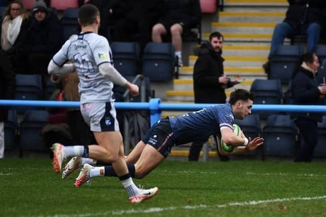Jack Metcalf scores for Doncaster Knights against Bedford Blues in January last year. Picture by Jonathan Gawthorpe.