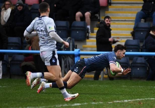 Jack Metcalf scores for Doncaster Knights against Bedford Blues in January last year. Picture by Jonathan Gawthorpe.