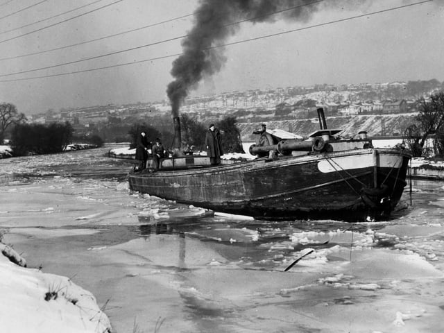 An ice breaker on the Leeds Liverpool Canal near Kirkstall in January 1955.