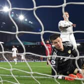 TOPSHOT - Leeds United's French goalkeeper Illan Meslier (R) sees the ball hit the back of his net as Liverpool's run riot at Elland Road  (Photo by OLI SCARFF/AFP via Getty Images)