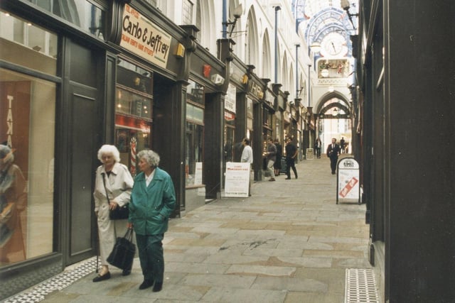 Inside Thornton's Arcade looking towards Lands Lane in September 1999. The arcade had been refurbished in 1997.