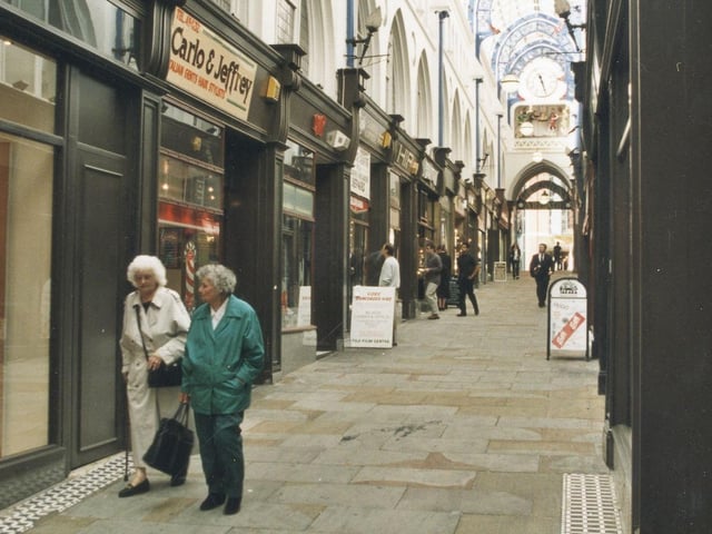 Inside Thornton's Arcade looking towards Lands Lane in September 1999. The arcade had been refurbished in 1997.