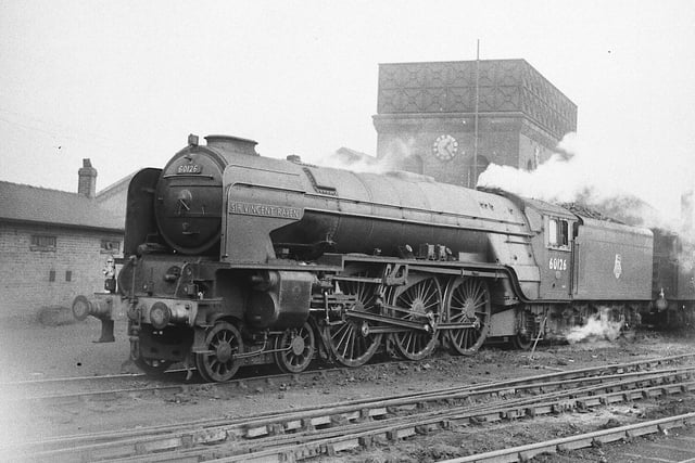Pacific A1 No. 60126 "Sir Vincent Raven". The clock on the water tower shows 1.25pm. November 17, 1951.