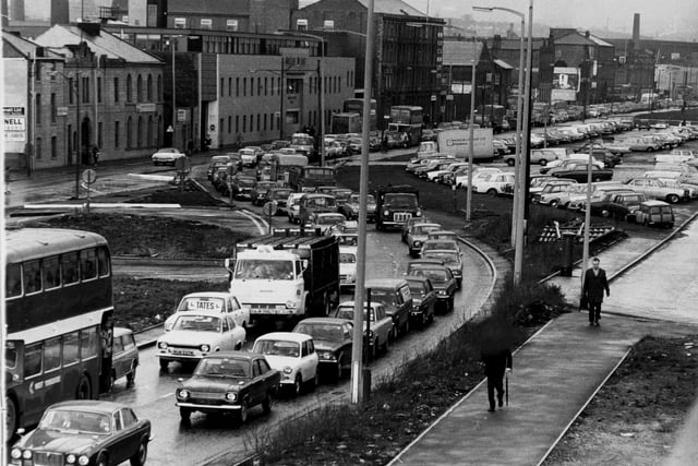 Kirkstall Road from the Leeds Fire HQ in January 1974.