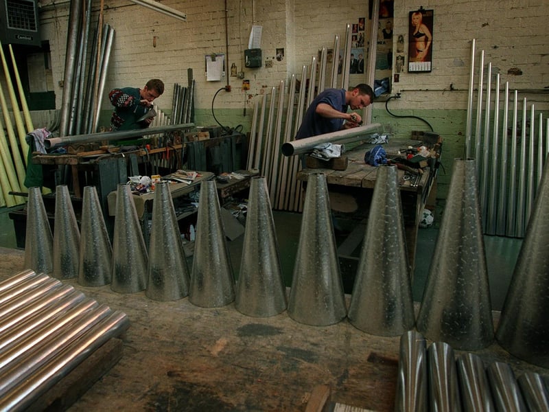 Inside the organ pipe making workshop at F.J. Rogers in Bramley. Pictured in August 1998.