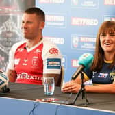 Rhinos captain Hanna Butcher with Hull KR's Shaun Kenny-Dowall at a press conference to preview Saturday's Cup finals. Picture by Paul Currie/SWpix.com.