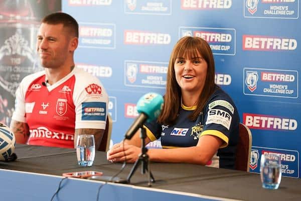 Rhinos captain Hanna Butcher with Hull KR's Shaun Kenny-Dowall at a press conference to preview Saturday's Cup finals. Picture by Paul Currie/SWpix.com.